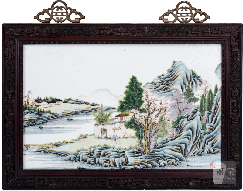 粉彩山水人物纹瓷板（附原装木框）